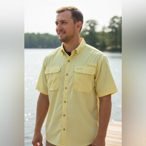 Columbia PFG Yellow Short Sleeve Fishing Hiking Vented Shirt Size XL